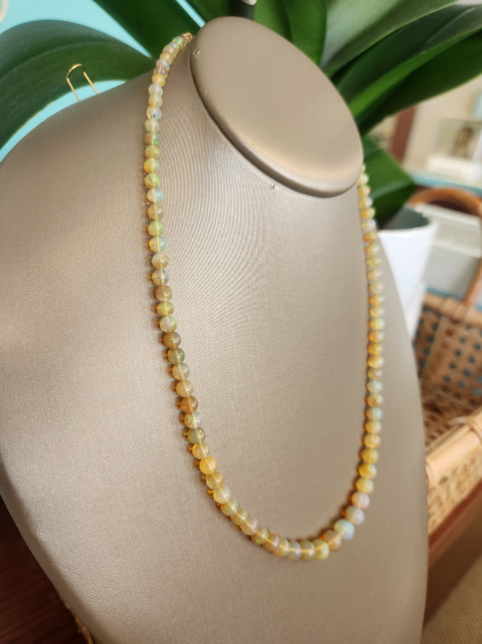 14 Karat Yellow Gold Orange Ethiopian Welo Opal 3.5-6 Mm Round Bead Necklace, 17"