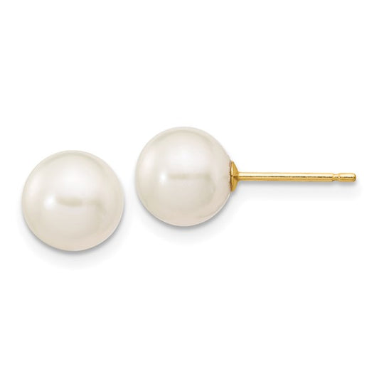 14 Karat Yellow Gold 7-8 Mm Cultured White Freshwater Pearl Stud Earrings