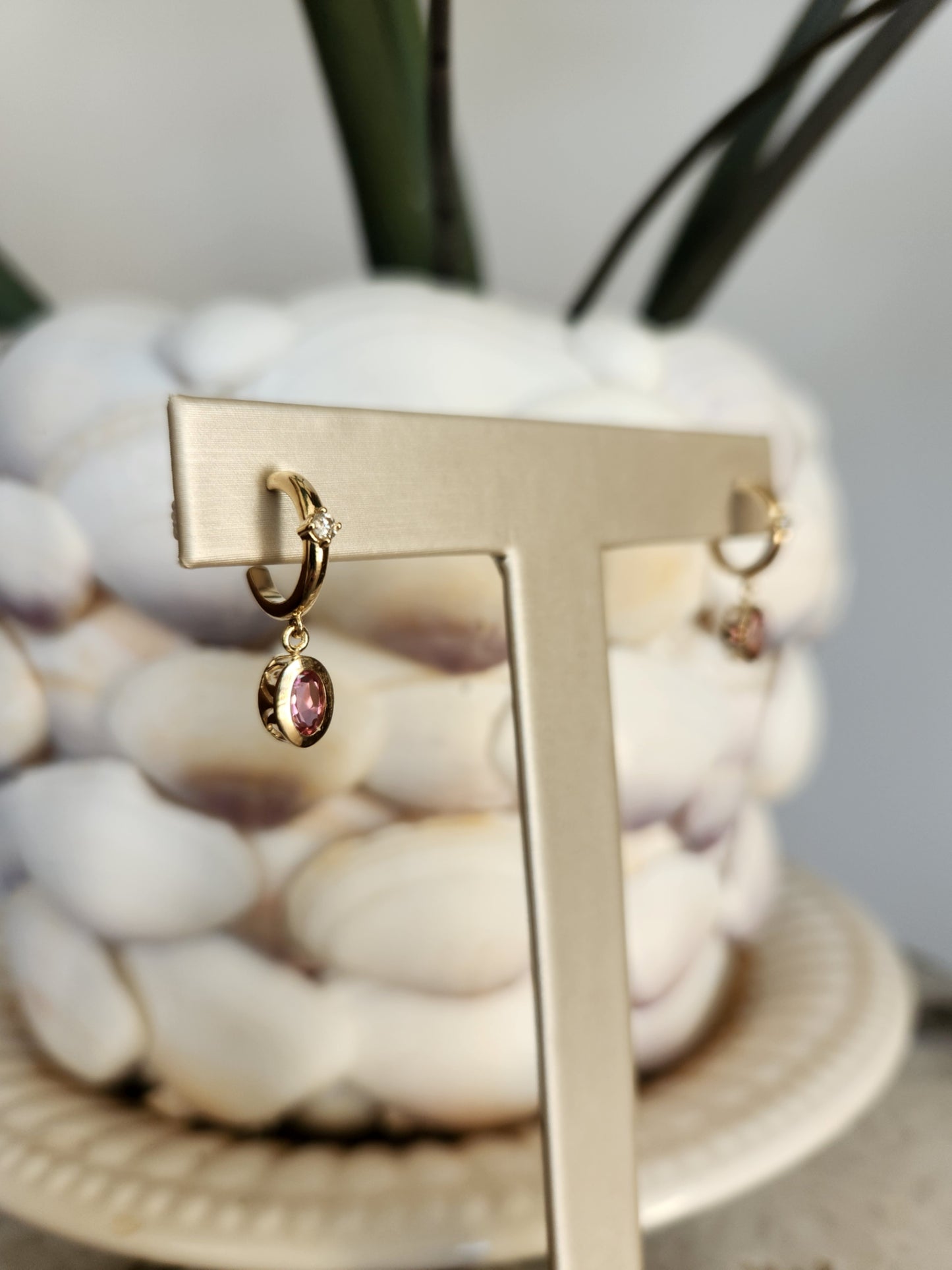 14 Karat Yellow Gold Diamond Accent 1/2 Hoop Earrings With Pink Tourmaline Dangle