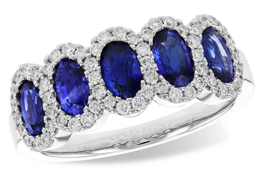 14 Karat White Gold 5 Stone Blue Sapphire Ring With Diamond Halos
5 O