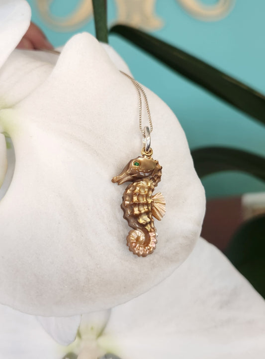 Sterling Silver Mother of Pearl and Emerald Seahorse Pendant and Chain