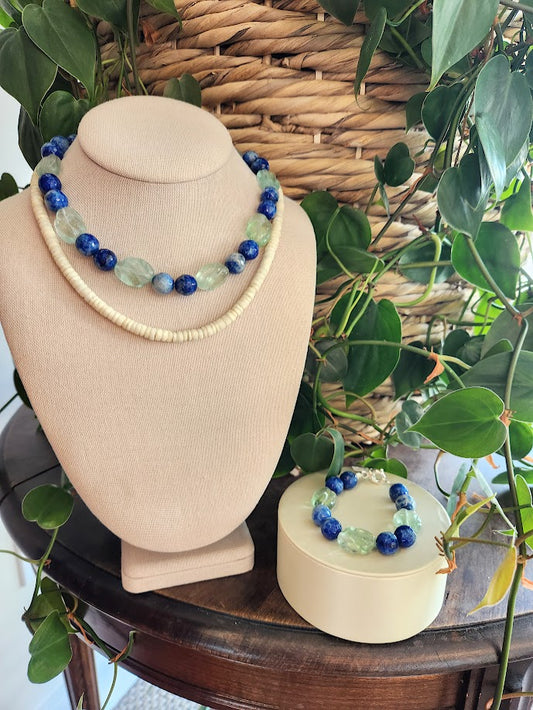Sterling Silver Carved Fluorite & Faceted Sodalite Bead Bracelet, 7.5"