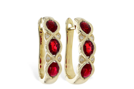 14 Karat Yellow Gold Diamond & Ruby Hoop Style Earrings