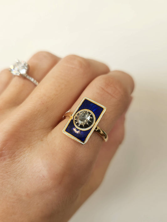 Antique Victorian 10 Karat Yellow Gold Blue Enamel & Diamond Ring