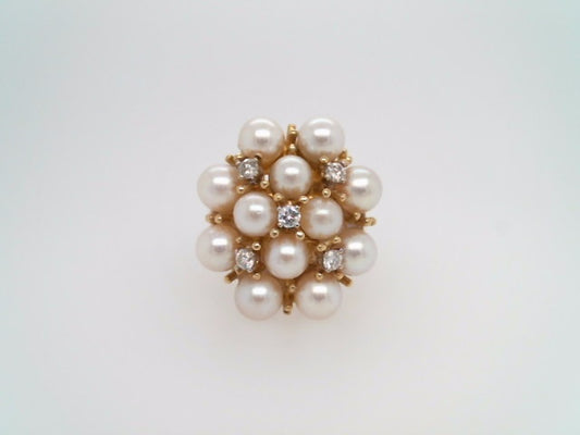 Vintage 14 Karat Yellow Gold Pearl & Diamond Cluster Ring