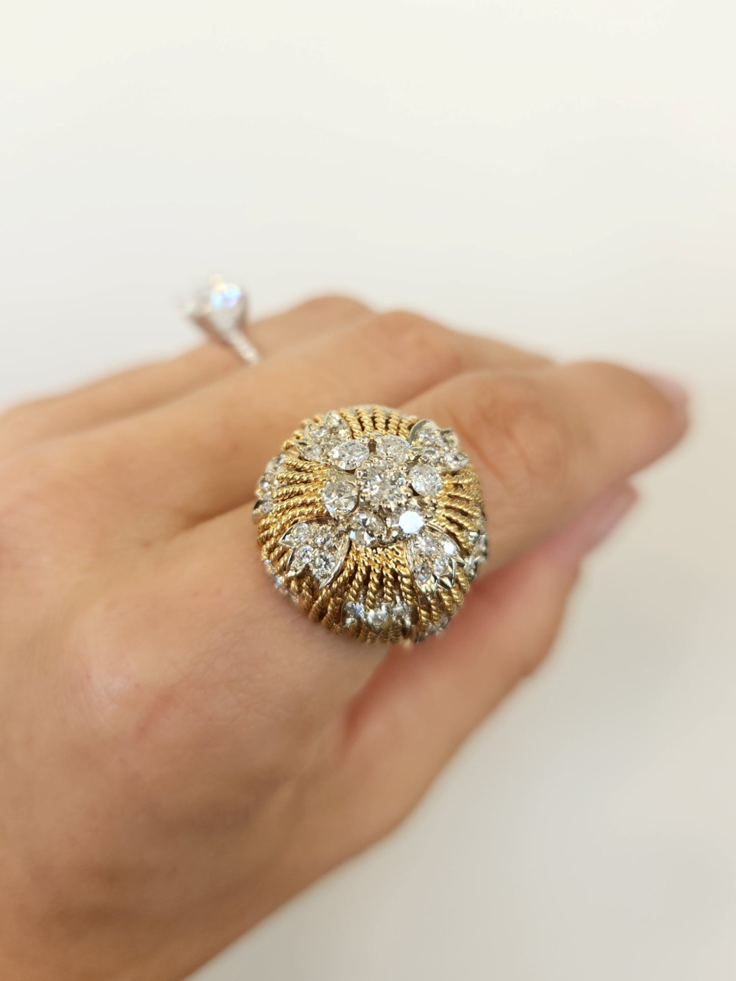 Vintage 18 Karat Yellow Gold Textured 20 Mm Dome Diamond Ring