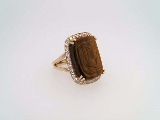 14 Karat Yellow Gold Carved Tiger's Eye Intaglio Ring With Diamond Halo