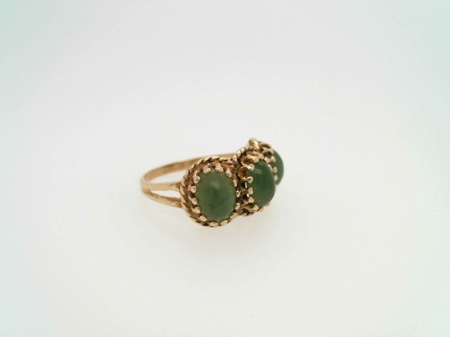 Vintage 14 Karat Yellow Gold 3 Stone Green Jade Ring With Crown Style Bezel Settings