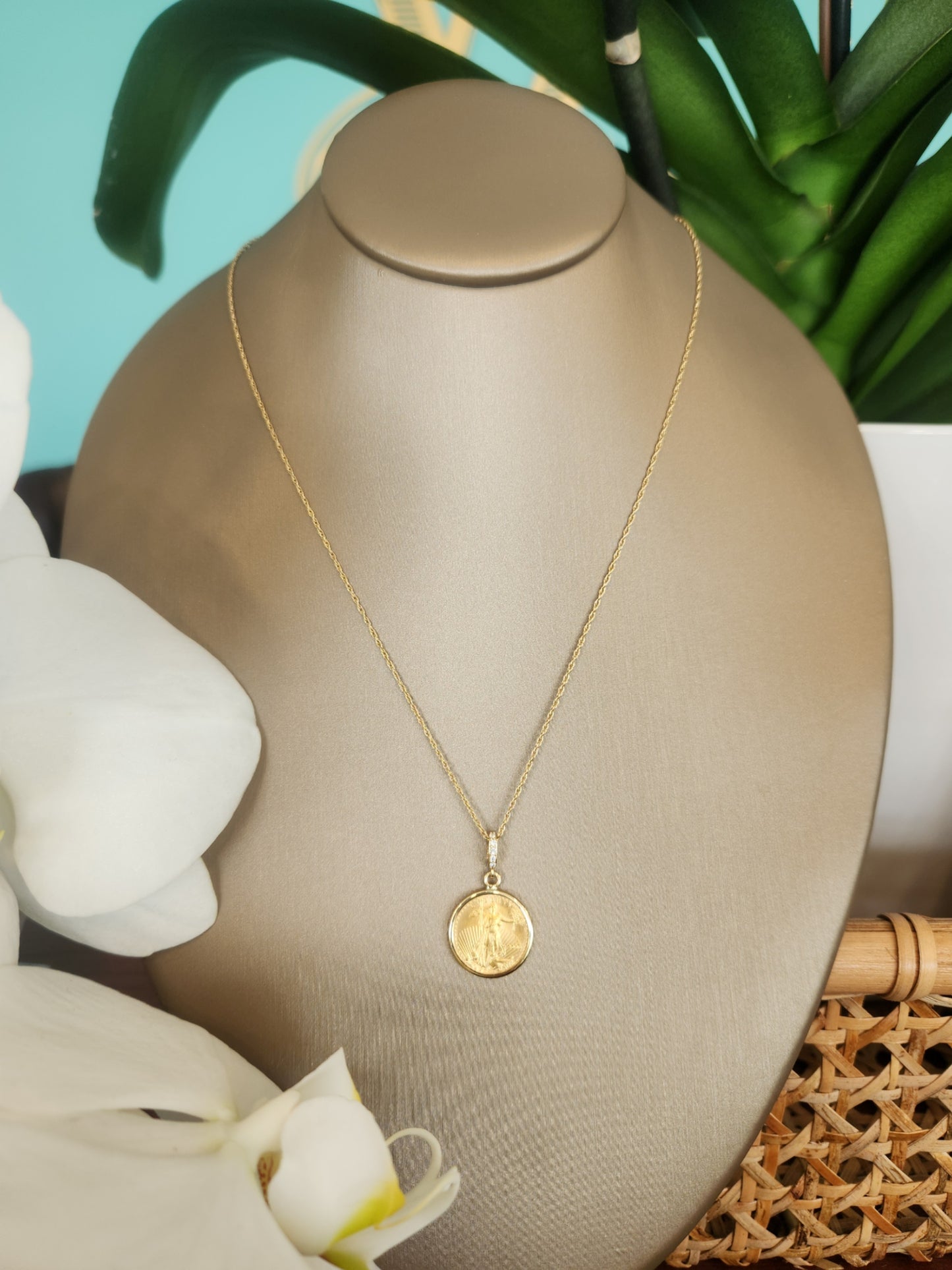 14 Karat Yellow Gold & 22 Karat Gold Walking Liberty Coin Pendant With Diamond Bail