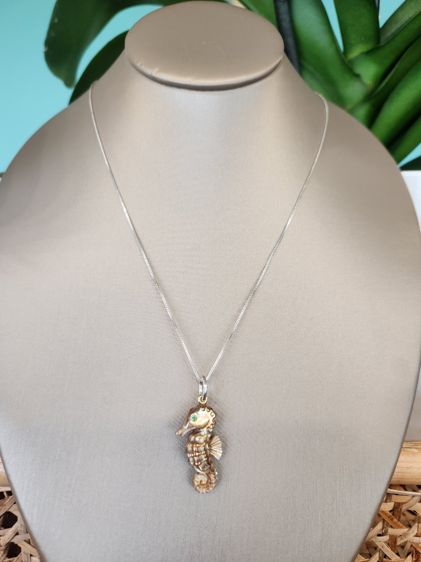 Sterling Silver Mother of Pearl and Emerald Seahorse Pendant and Chain