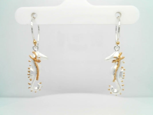 Sterling Silver And 22 Karat Yellow Gold Vermail Seahorse Dangle Earrings