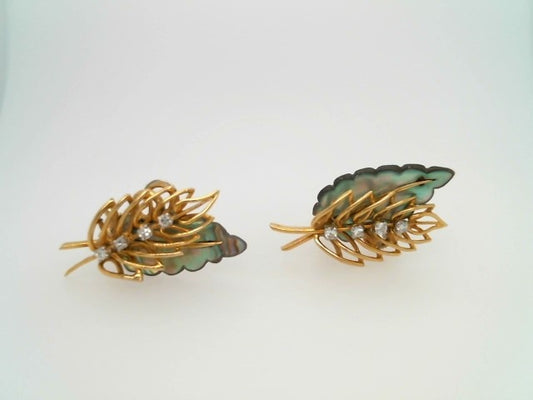 Vintage 18 Karat Yellow Gold Carved Mother Of Pearl Fern Leaf Earrings