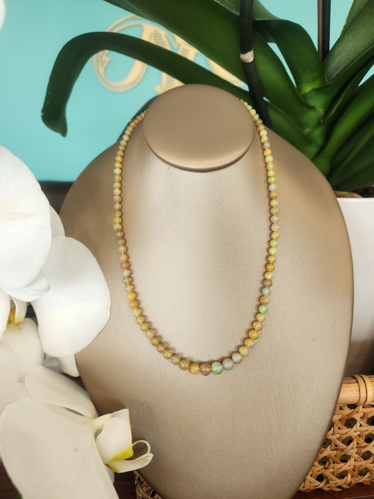 14 Karat Yellow Gold Orange Ethiopian Welo Opal 3.5-6 Mm Round Bead Necklace, 17"
