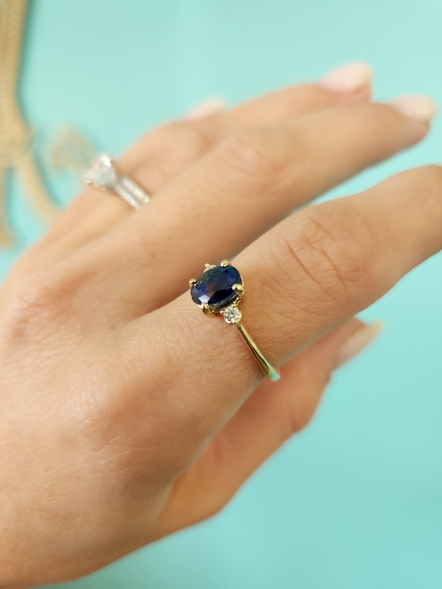 14 Karat Yellow Gold Blue Sapphire & Diamond 3 Stone Ring