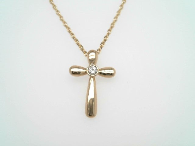 14 Karat Yellow Gold Cross Pendant With Bezel Set Diamond