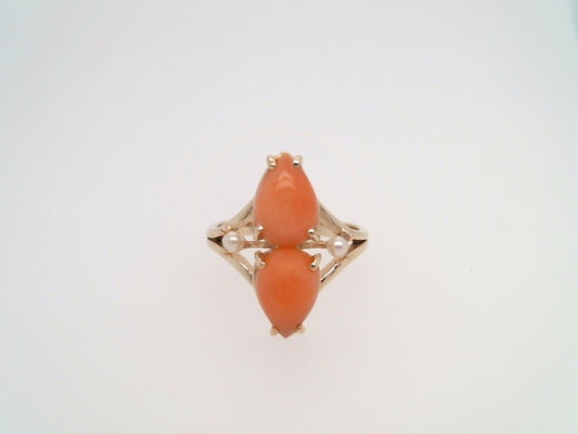 Vintage 14 Karat Yellow Gold Coral & Cultured Pearl Ring