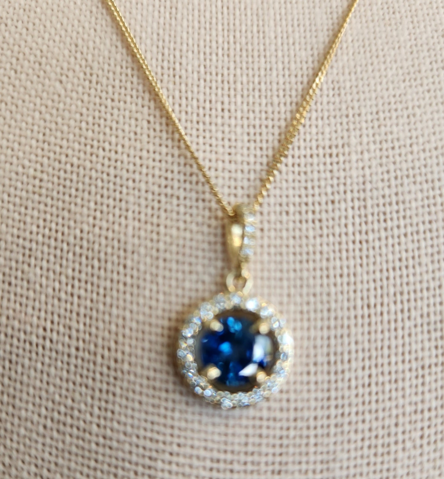 14 Karat Yellow Gold Sapphire & Diamond Halo Style Pendant