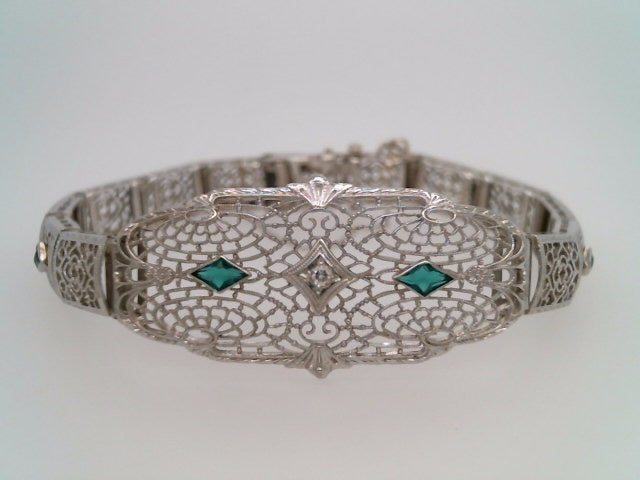 Antique Early Art Deco 10 Karat White Gold Filigree Diamond & Synthetic Emerald Bracelet 7"