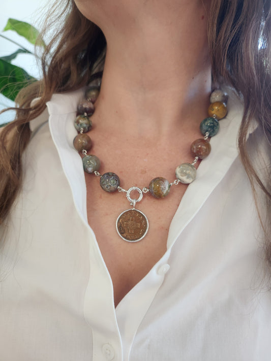 Sterling Silver Bezel Set Bronze Maltese Coin Pendant