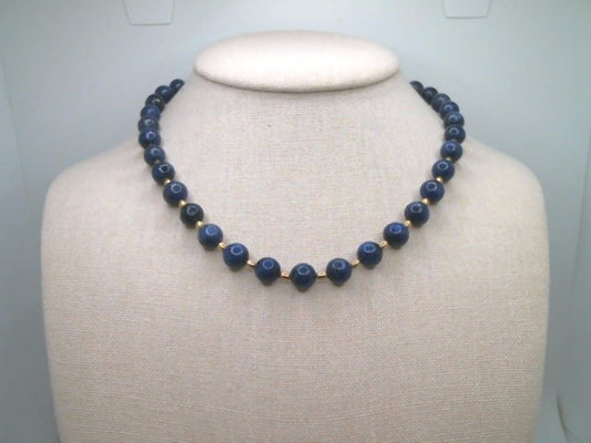 Vintage 18 Karat Yellow Gold Lapis & Gold Bead Necklace 17"