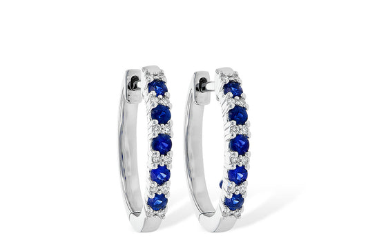 14 Karat White Gold Blue Sapphire & Diamond Shared Prong Set Hoop Earrings