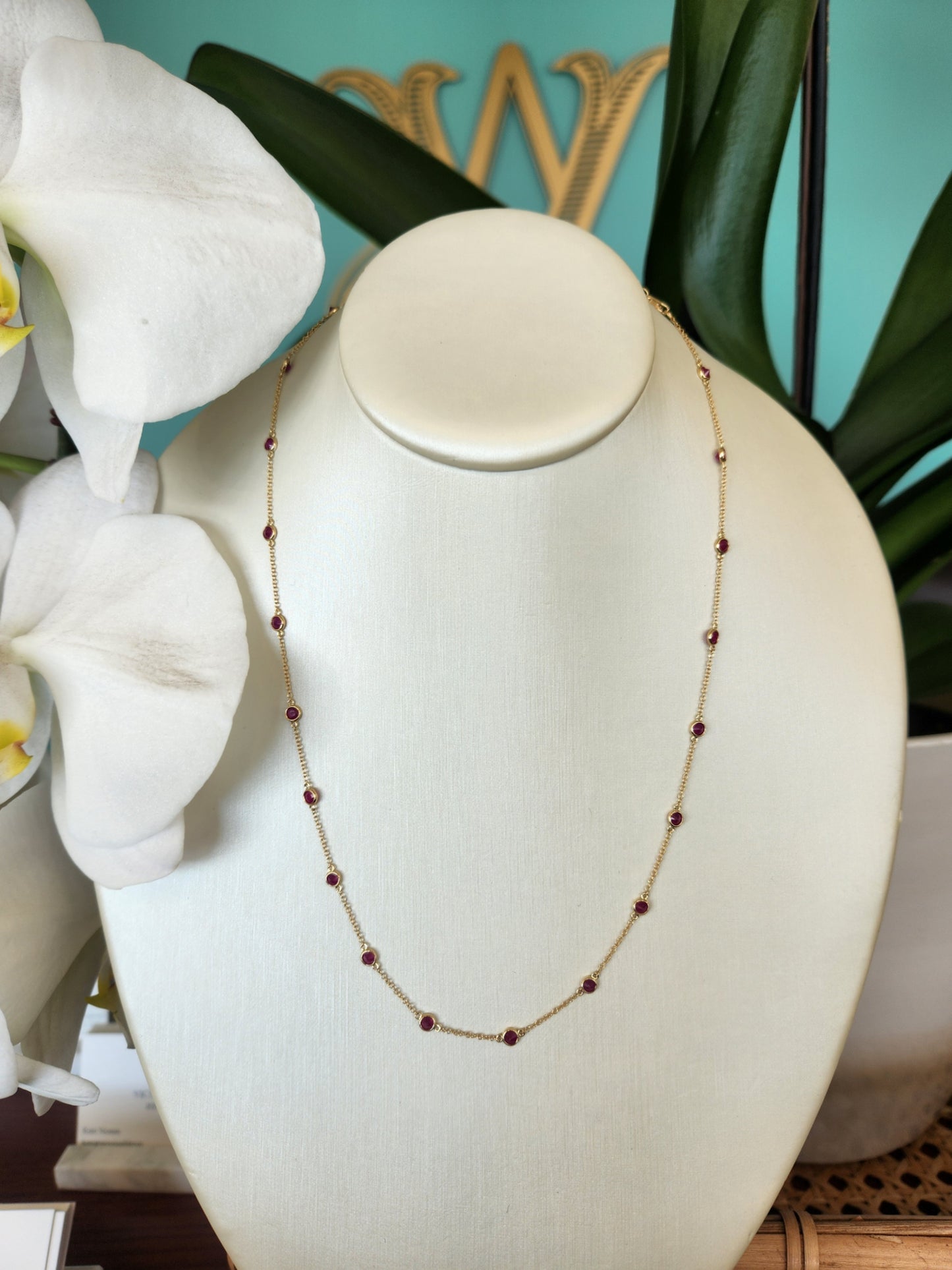 14 Karat Yellow Gold Bezel Set Ruby "By The Yard" Style Necklace 16-18