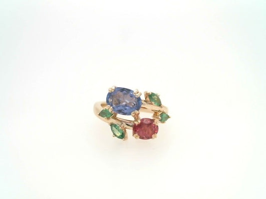 14 Karat Yellow Gold Pink Tourmaline, Tanzanite & Tsavorite Floral Bypass Style Ring