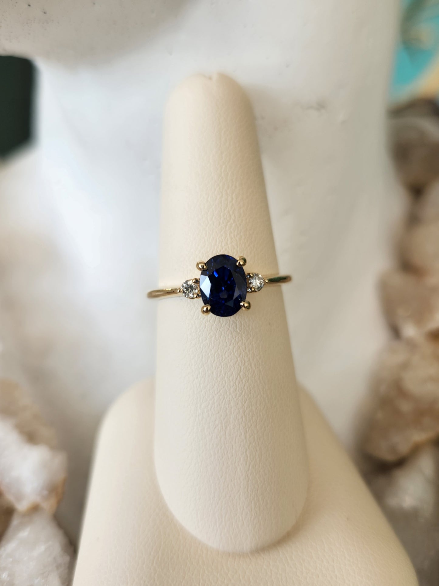 14 Karat Yellow Gold Blue Sapphire & Diamond 3 Stone Ring