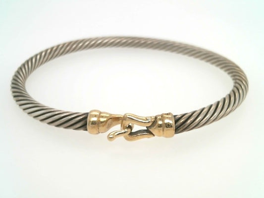 Vintage Sterling Silver & 14 Karat Yellow Gold "Cable" Hook Clasp Bangle Bracelet, Signed David Yurman