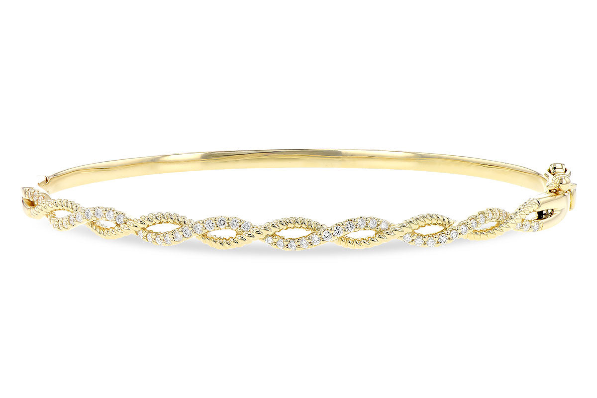 14 Karat Yellow Gold Bypass Design Roped-Edge Diamond Hinged Bangle Bracelet