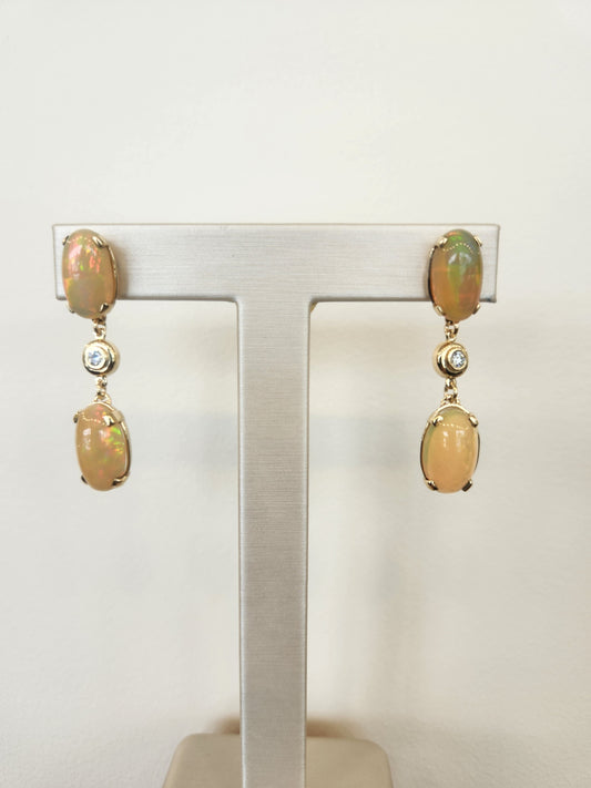 14 Karat Yellow Gold Ethiopian Welo Opal & Diamond Dangle Earrings