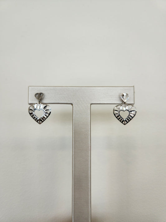 Vintage 14 Karat White Gold Diamond Cut Heart Dangle Earrings