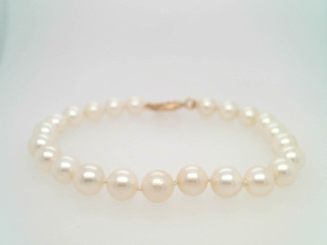 14 Karat Yellow Gold 6.5 Mm Near Round Cream Cultured Akoya Pearl Bracelet, 7"
