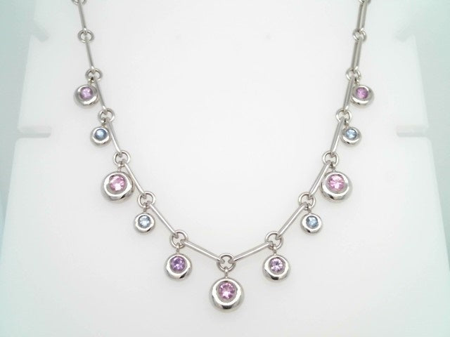 Vintage 18 Karat White Gold Chaumet Round Dangle Necklace With Pink, Purple & Blue Sapphires, 18"