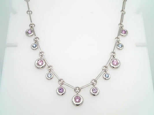 Vintage 18 Karat White Gold Chaumet Round Dangle Necklace With Pink, Purple & Blue Sapphires, 18"