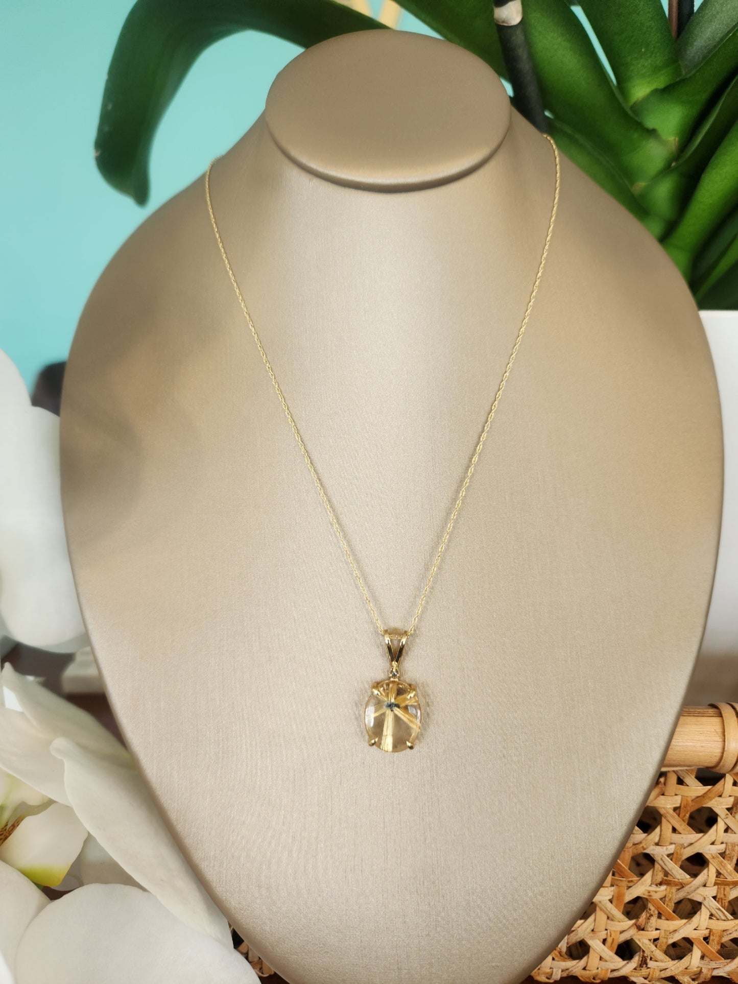 14 Karat Yellow Gold Starburst Pattern Rutilated Quartz With Rough Gray Diamond Accent