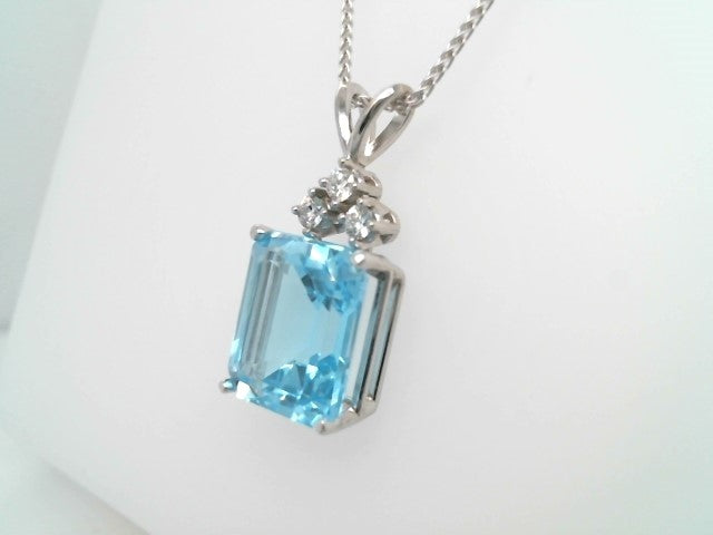 14 Karat White Gold Emerald Cut Blue Topaz & Diamond Pendant