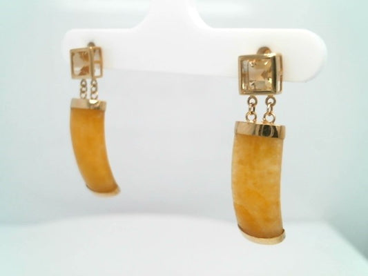 Vintage 14 Karat Yellow Gold Citrine & Yellow Jade Dangle Earrings