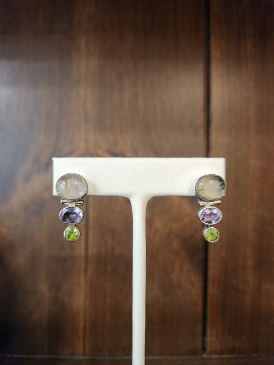 Vintage Sterling Silver Rutilated Quartz, Amethyst & Peridot Drop Stud Earrings