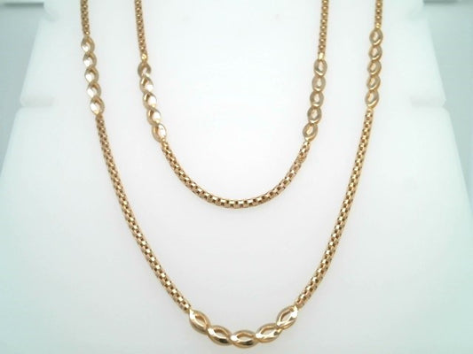 Vintage 14 Karat Yellow Gold 3 Mm Fancy Marquise Shape & Popcorn Link Chain Necklace, 30"