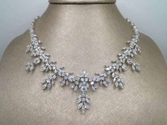 Vintage 18 Karat White Gold Marquise & Round Diamond Encrusted Necklace 16.5", 32 Ctw