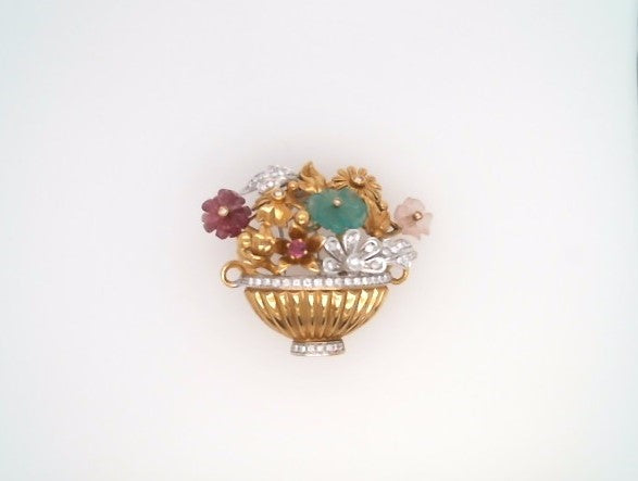 Vintage 18 Karat Yellow & White Gold Gemstone & Diamond Flower Basket Pin