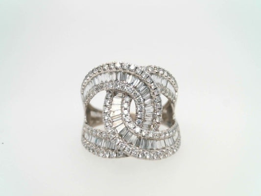Vintage 14 Karat White Gold Baguettte & Round Diamond Interlocking "Swirl" Design Ring