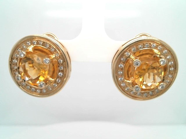 Vintage 14 Karat Yellow Gold Citrine & Diamond Halo Style Earrings With Omega Backs