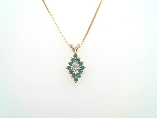 Vintage 14 Karat Yellow Gold Diamond Shaped Emerald & Diamond Cluster Pendant
