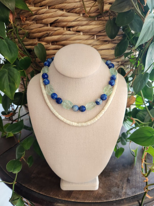 Sterling Silver Carved Fluorite & Faceted Sodalite Bead Necklace 16"