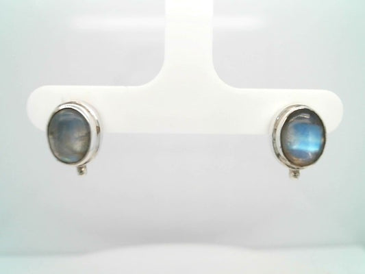Vintage Sterling Silver Oval Bezel Set Moonstone Earrings