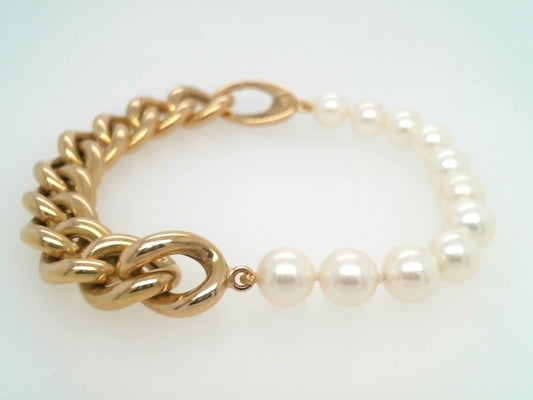 Vintage 18 Karat Yellow Gold 10 Mm Wide Curb Chain & Pearl Bracelet, 7"