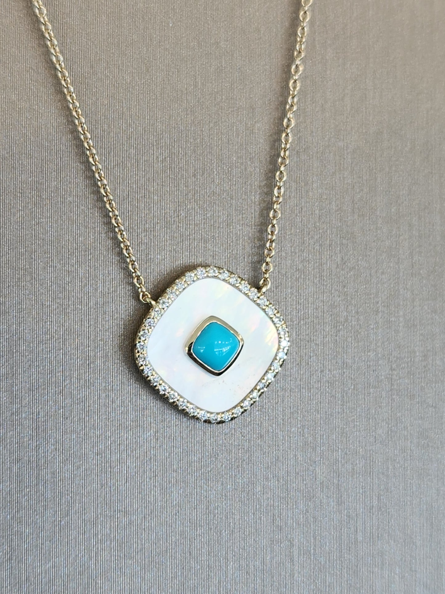 14 Karat Yellow Gold Cushion Shaped Mother Of Pearl, Turquoise & Diamond Necklace, 16-18"