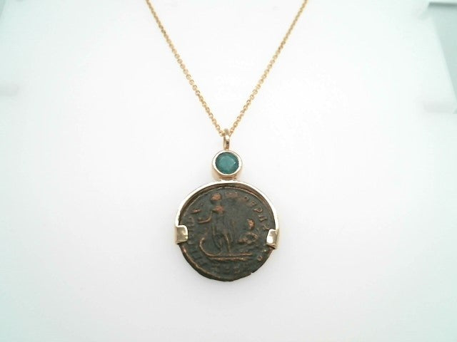 14 Karat Yellow Gold Ancient Roman Bronze Coin Pendant With Emerald